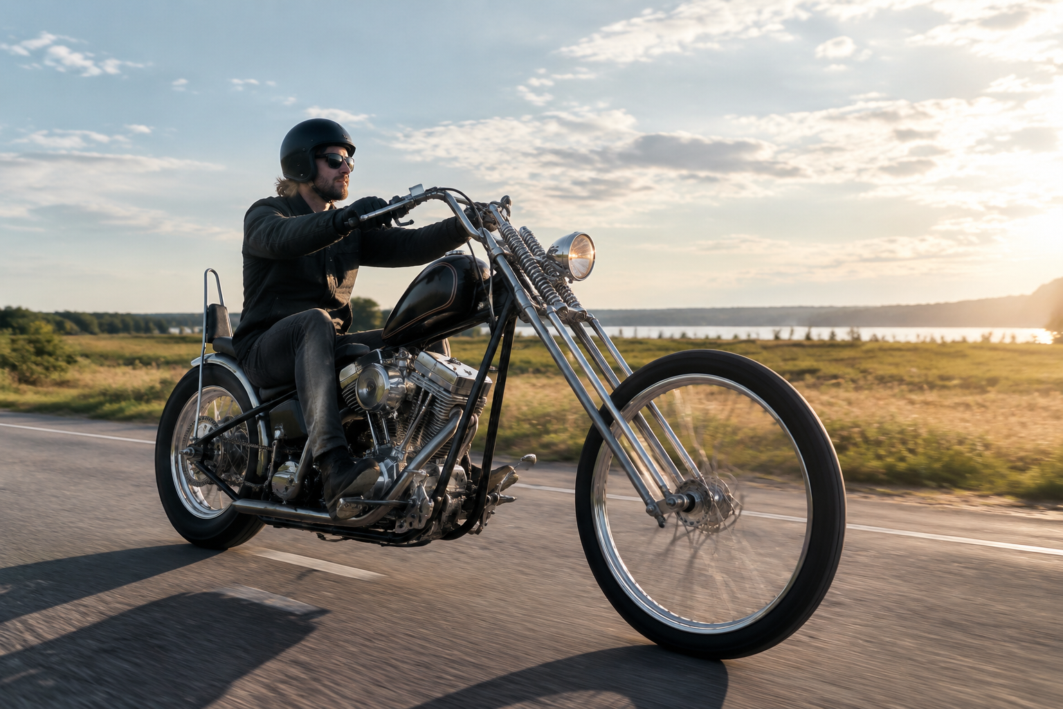 Rider on a custom chopper with a springer front end on an open road