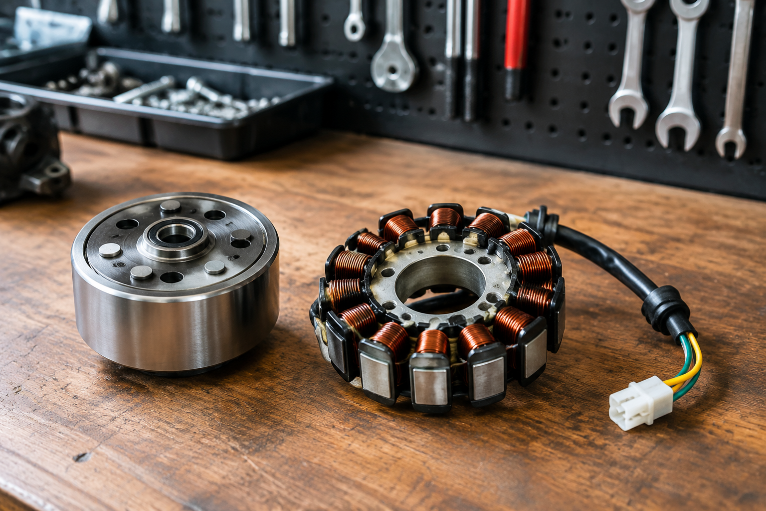Charging system rotor and stator components on a workbench