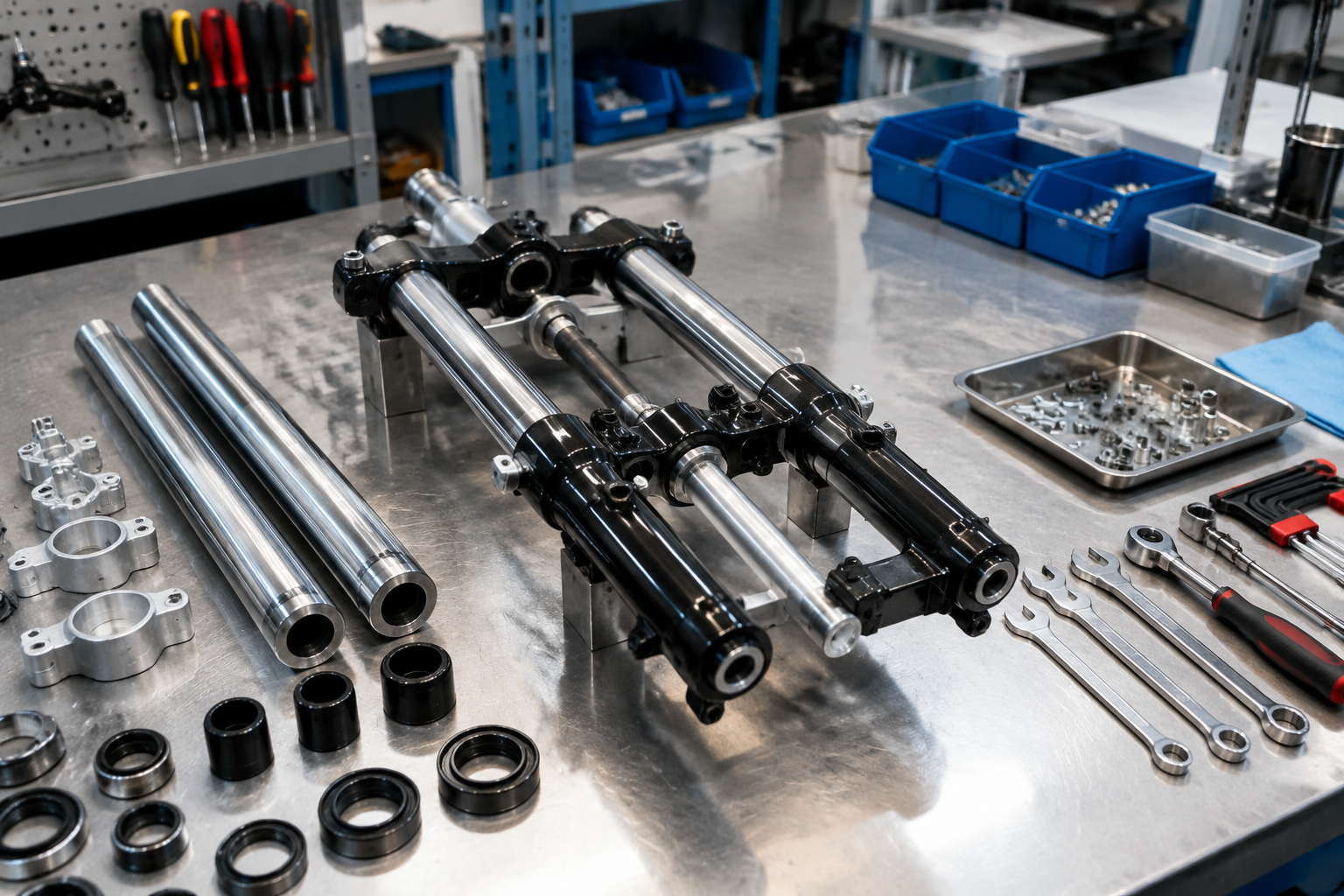 Assembly bench with fork components and hand tools