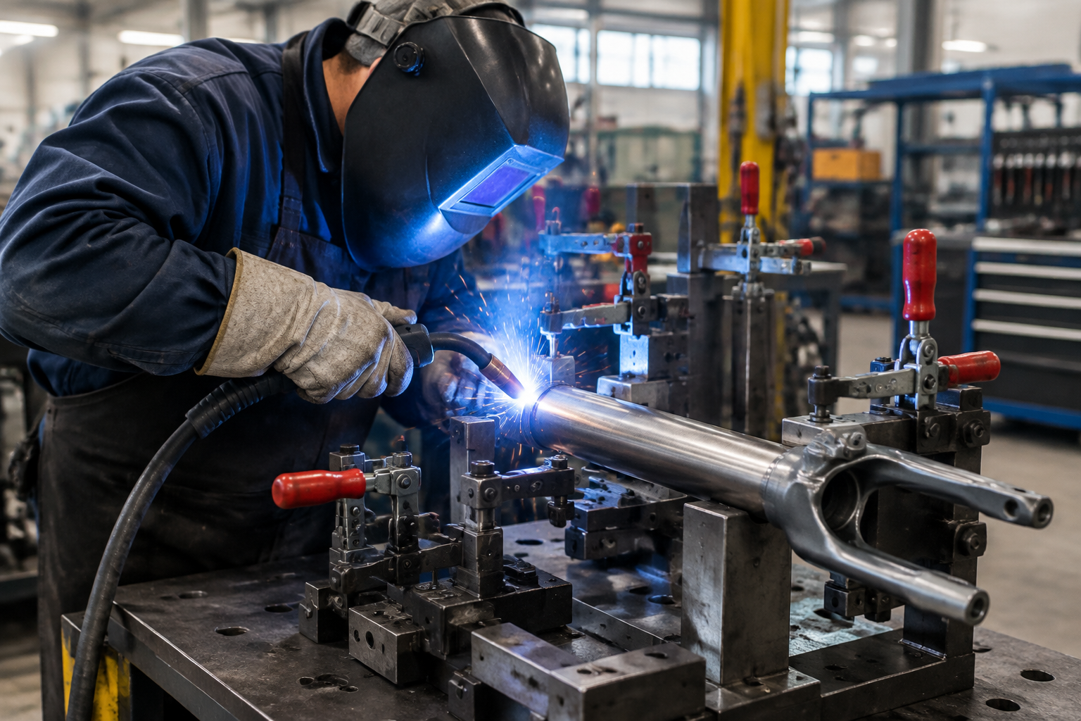 Welder joining a springer fork leg in a jig fixture