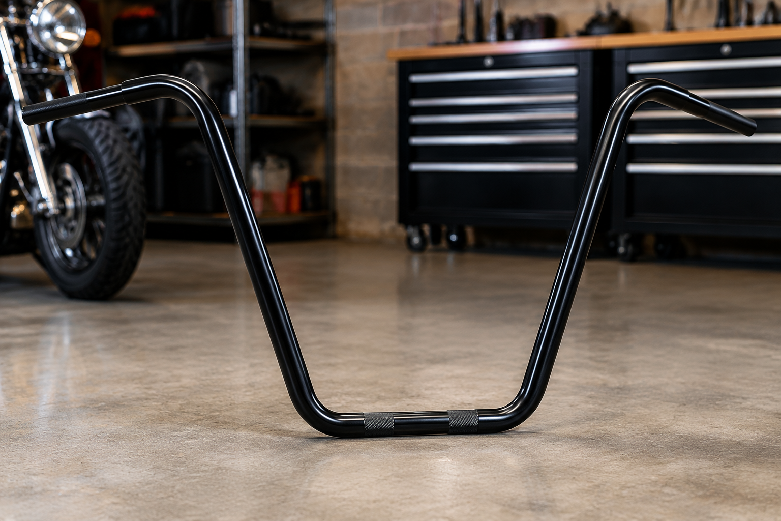 Ape hanger handlebars in black powder coat finish