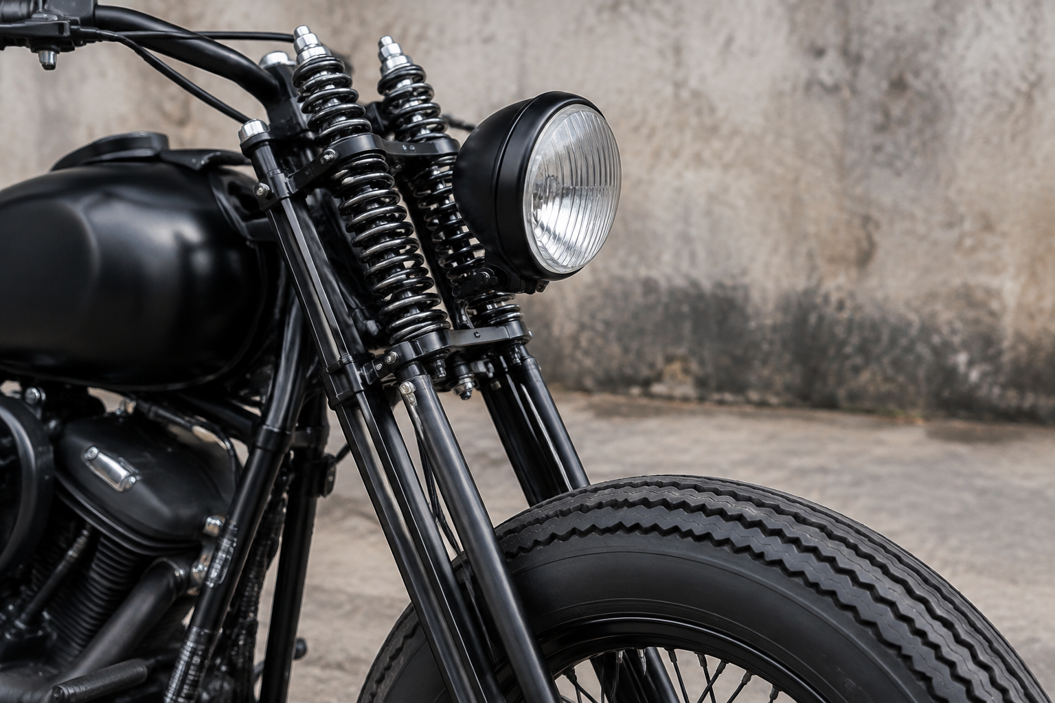 Black powder coated narrow springer fork detail