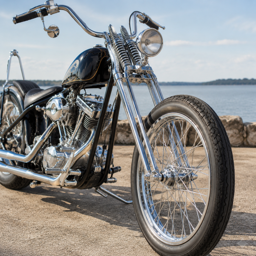Chromed vintage springer front end mounted on a custom chopper