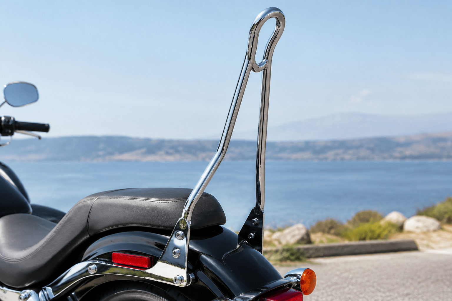 Tall chrome sissy bar with sculpted loop