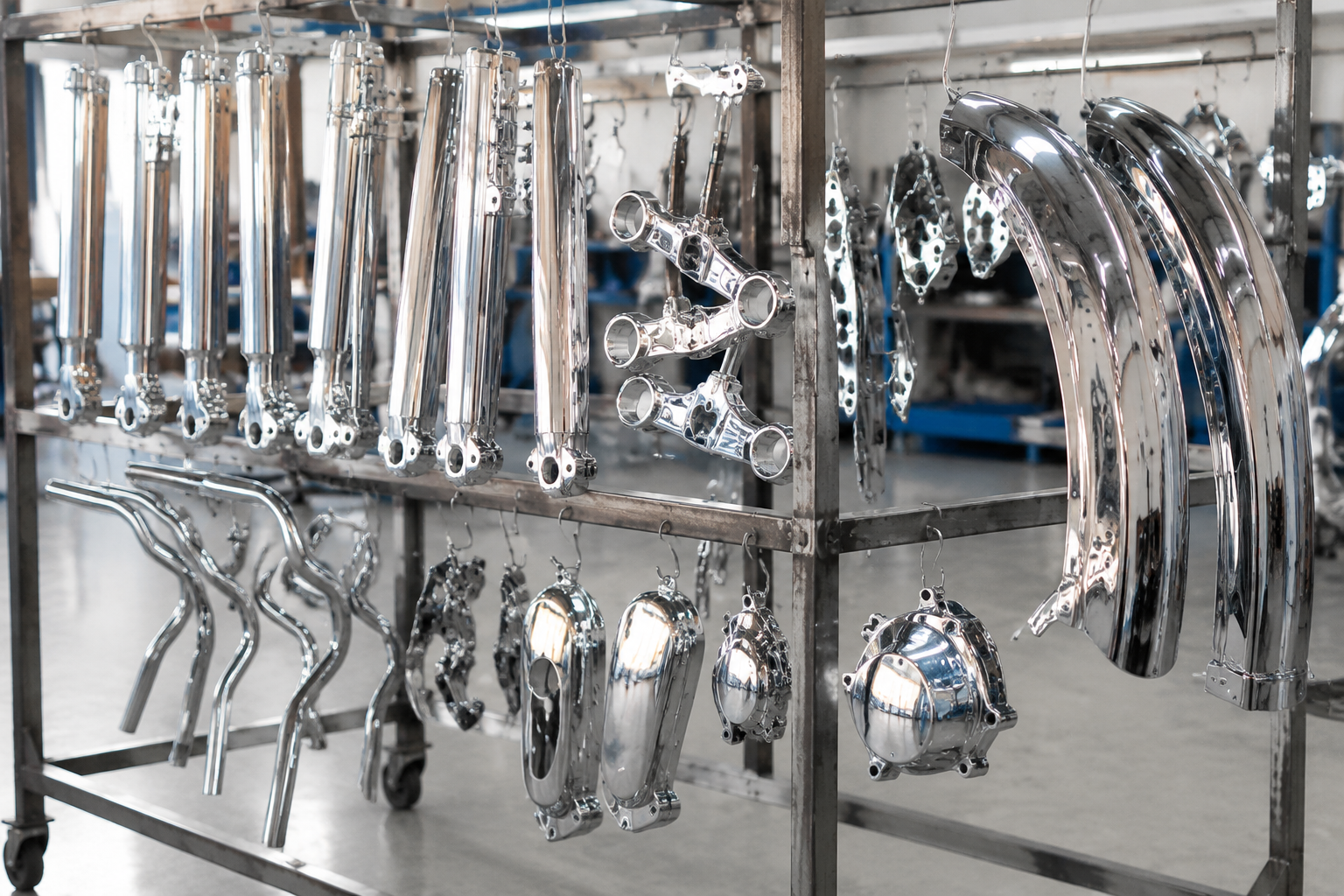Freshly chrome plated motorcycle parts drying on a rack