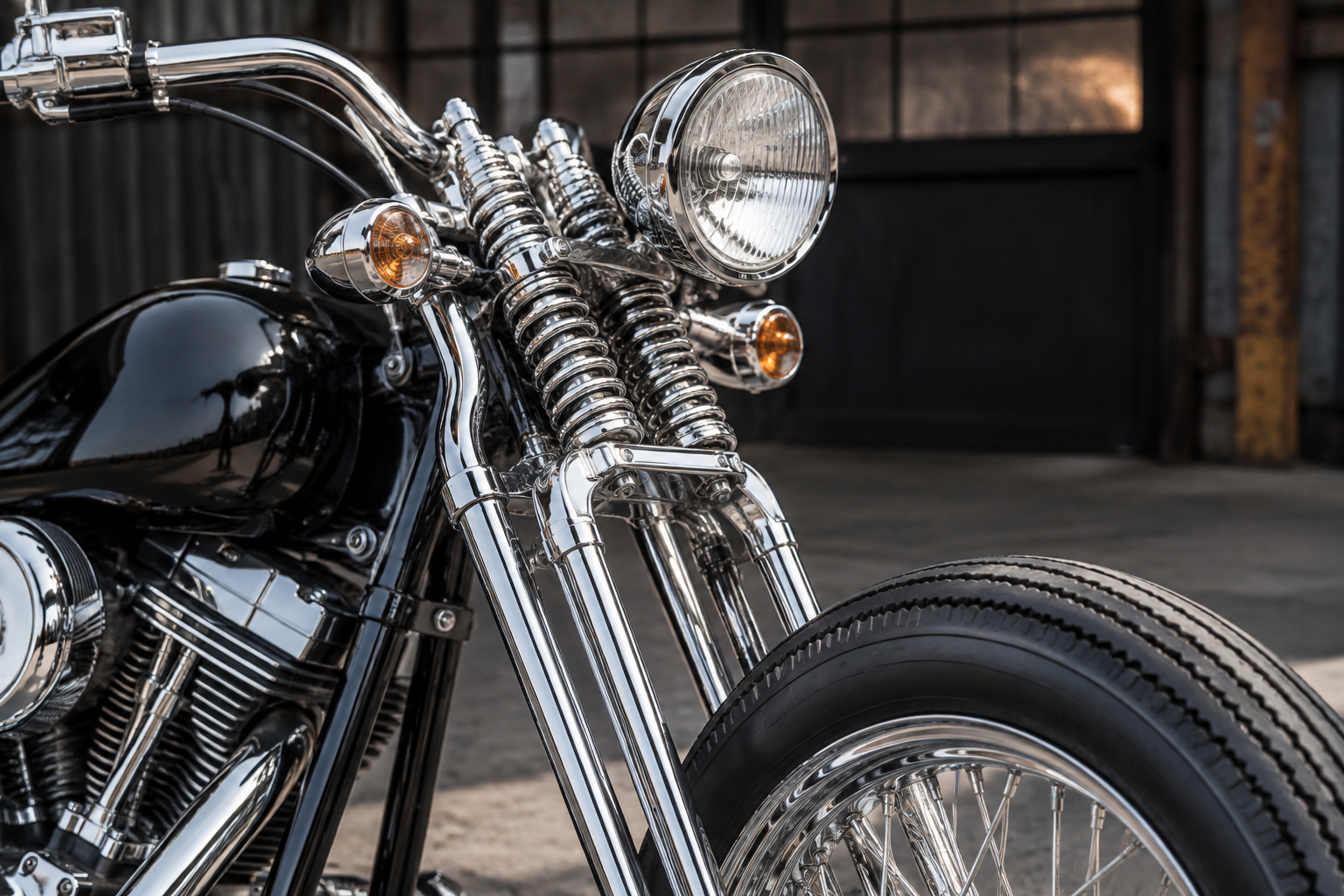 Triple chrome classic springer front end close-up