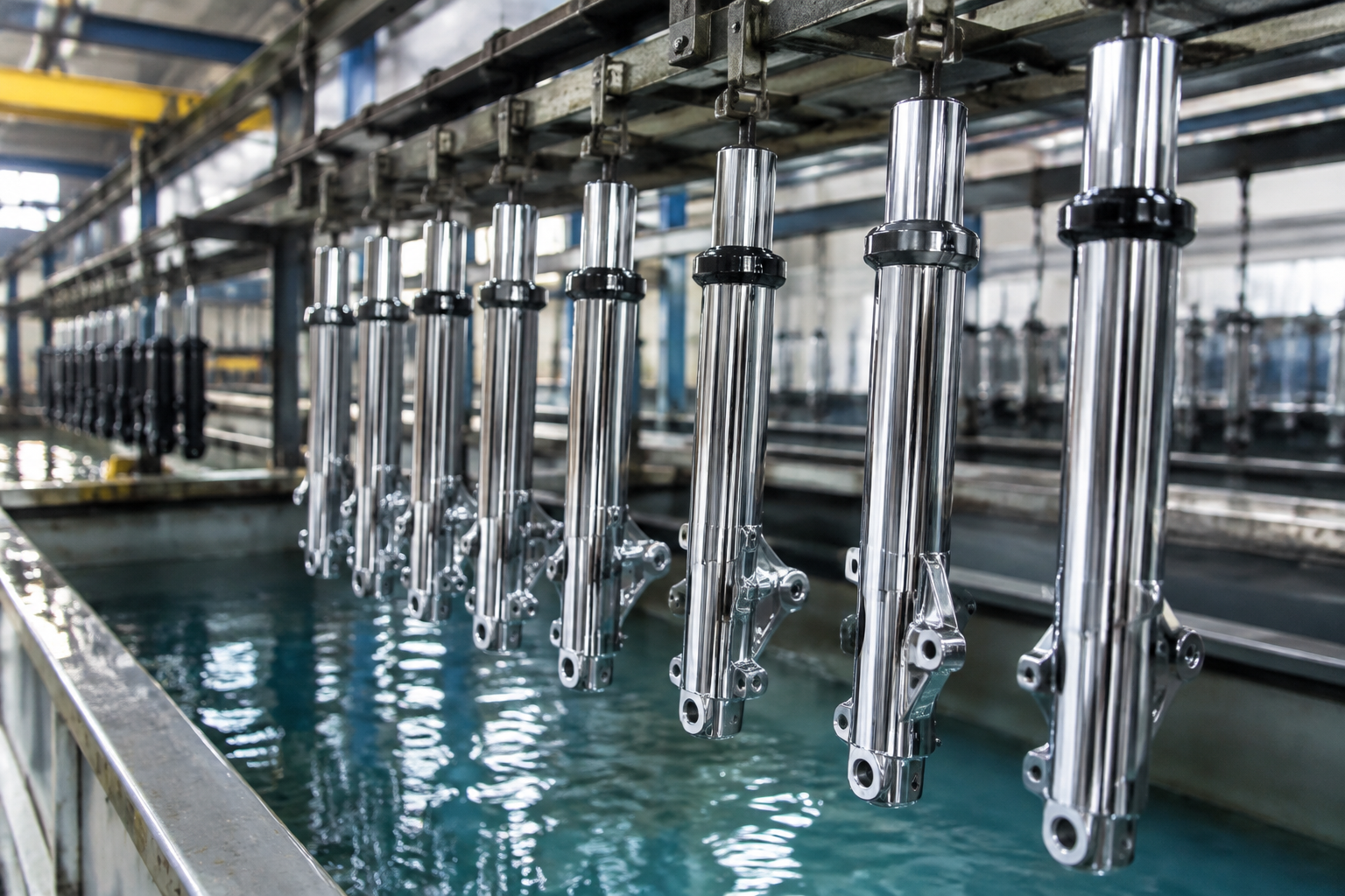 Chrome plating line with polished motorcycle fork components