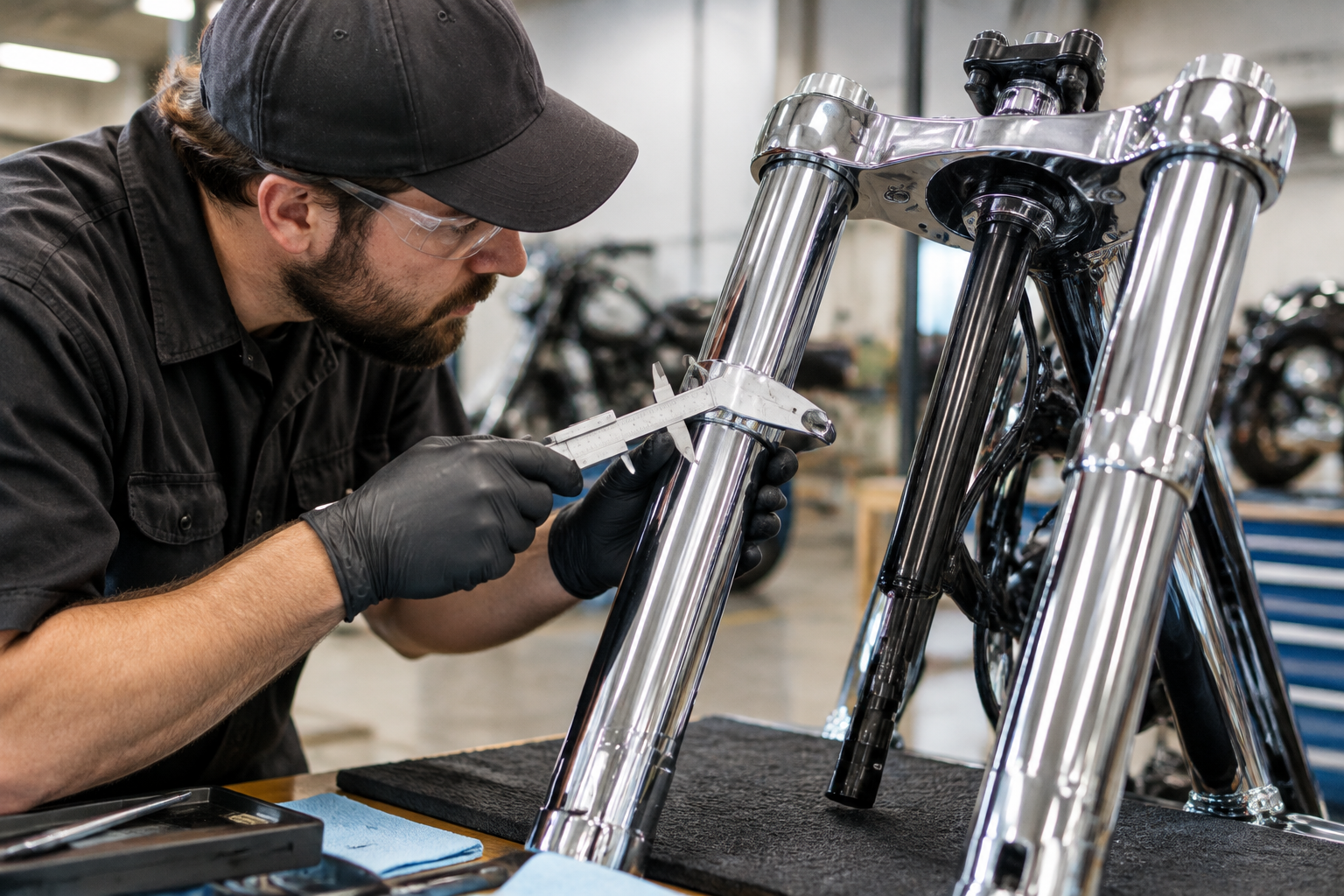 Quality control inspector measuring a finished front end assembly