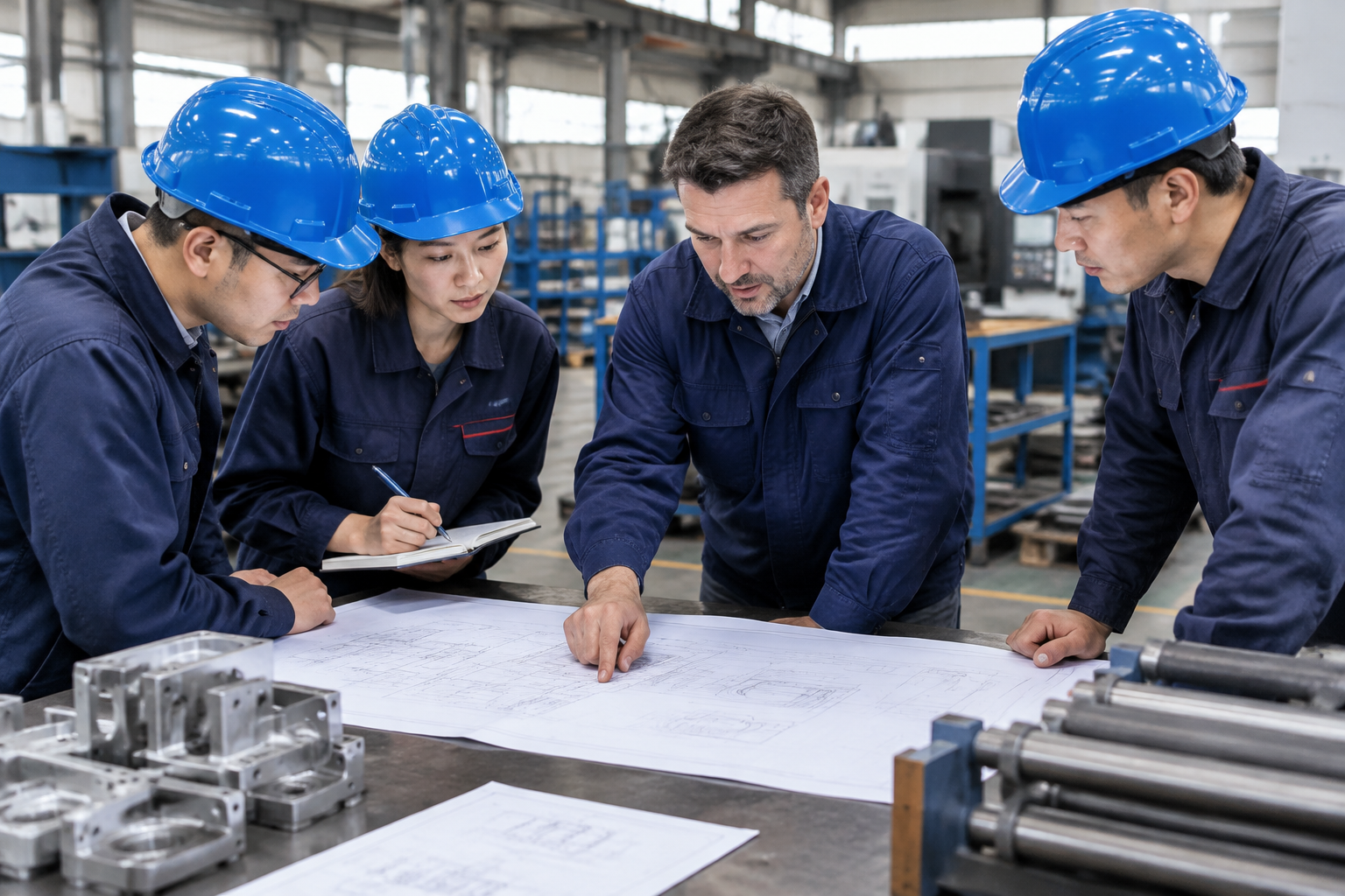 MotoIrons production team reviewing drawings on the factory floor