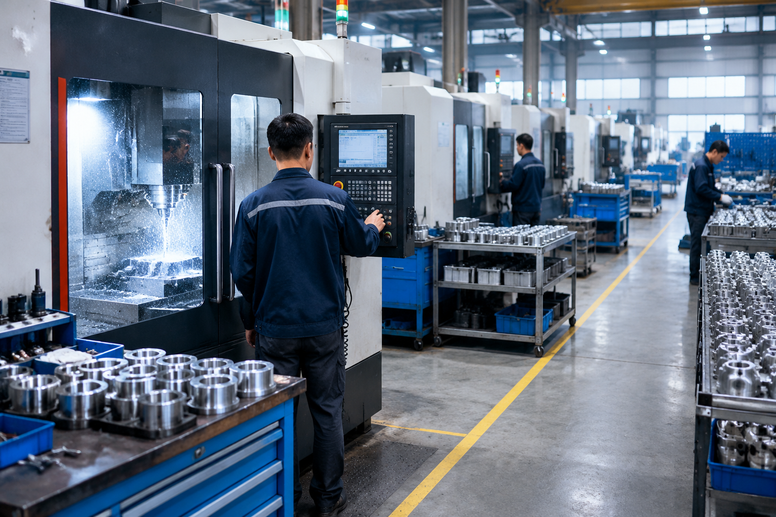 CNC machining and production line inside the MotoIrons workshop