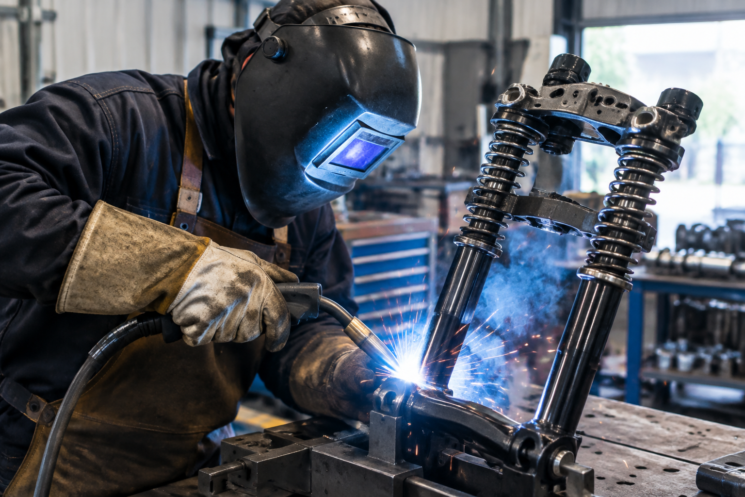 Welder joining a springer fork assembly with protective gear