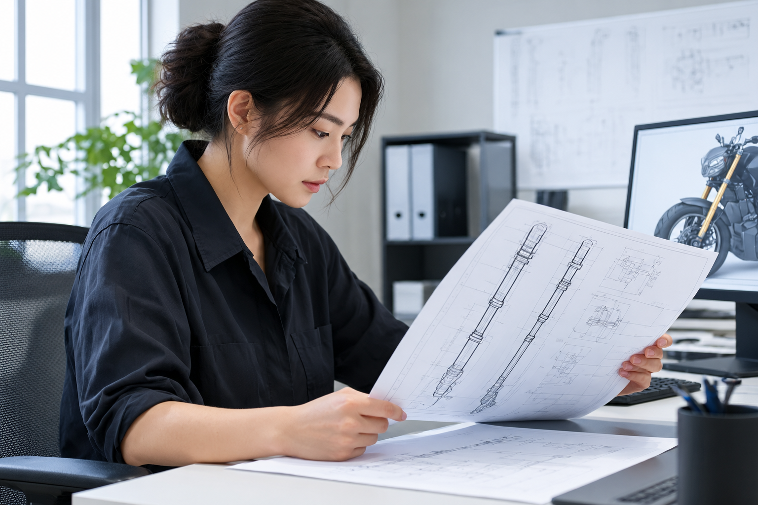 Customer service specialist reviewing a motorcycle fork drawing at a desk