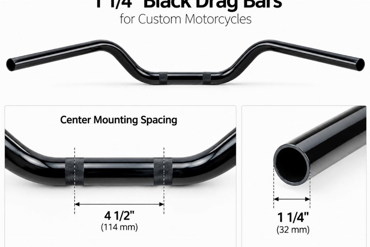 1 1/4" black drag bars for custom motorcycles showing center mounting spacing