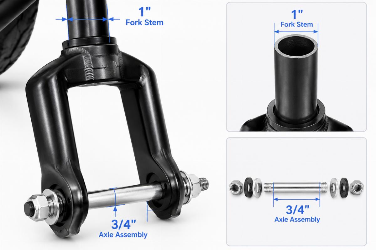 1" fork stem and 3/4" axle assembly detail