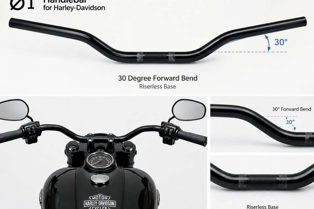 1" handlebar for harley-davidson showing 30 degree forward bend and riserless base