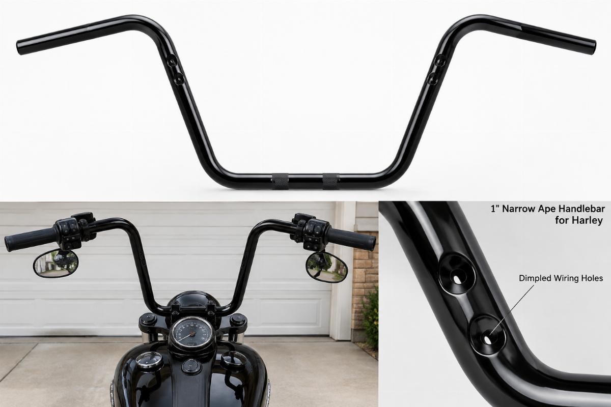 1" narrow ape handlebar for harley showing dimpled wiring holes