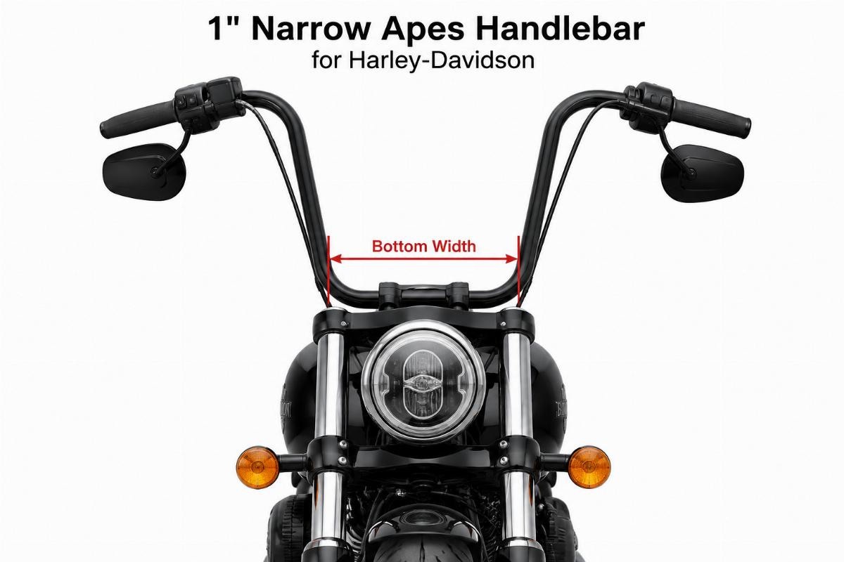 1" narrow apes handlebar for harley-davidson front view showing bottom width