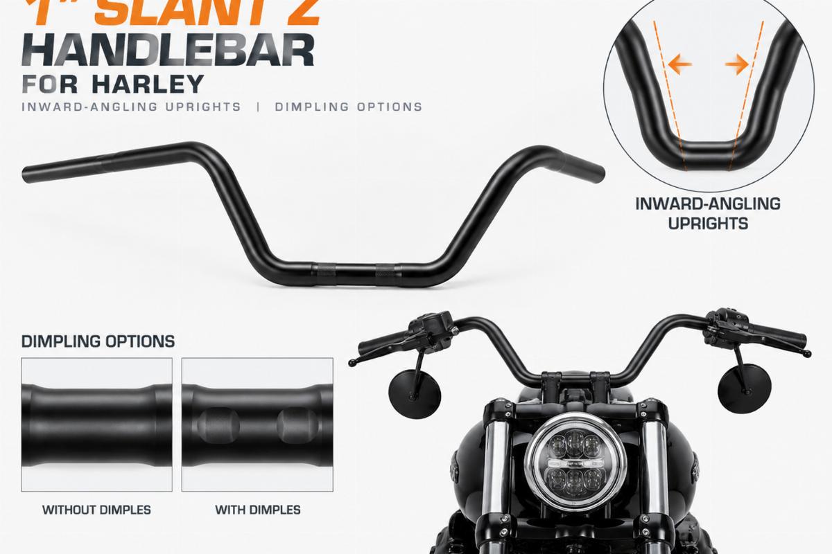1" Slant Z handlebar for harley showing inward-angling uprights and dimpling options