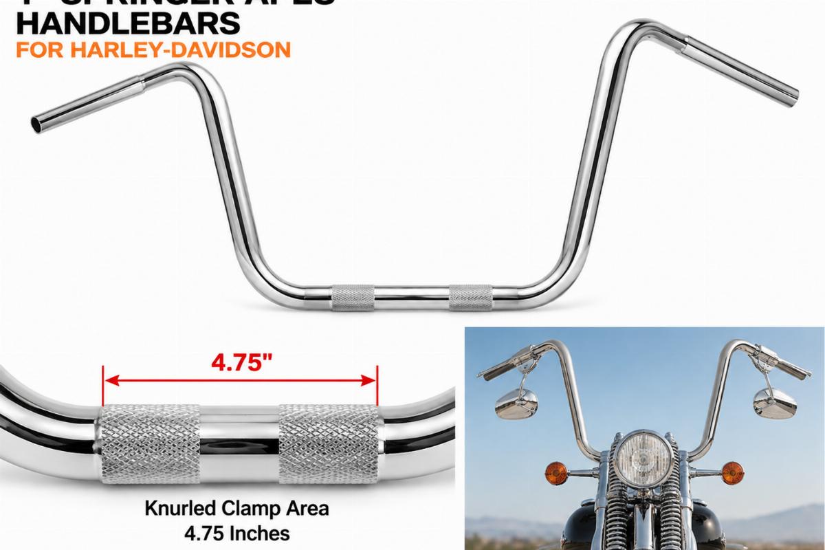 1" springer apes handlebars for Harley-Davidson showing 4.75 inch knurled clamp area