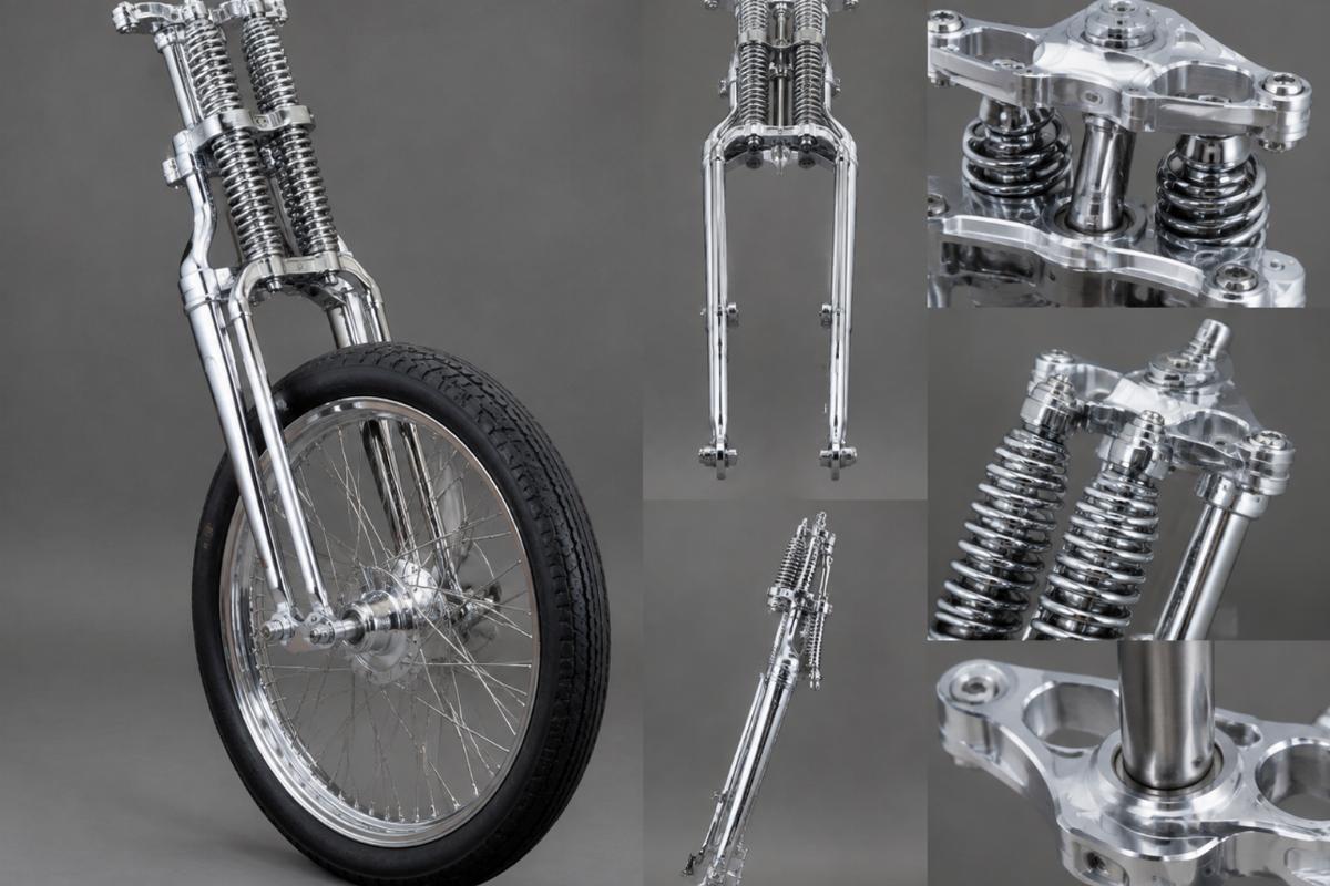 18" custom springer fork kit chrome finish and machined triple tree view