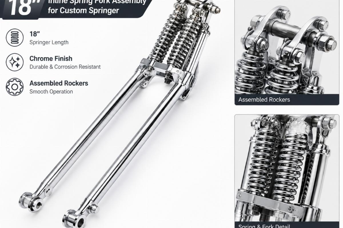 18 inch inline spring fork assembly for custom springer showing chrome finish and assembled rockers