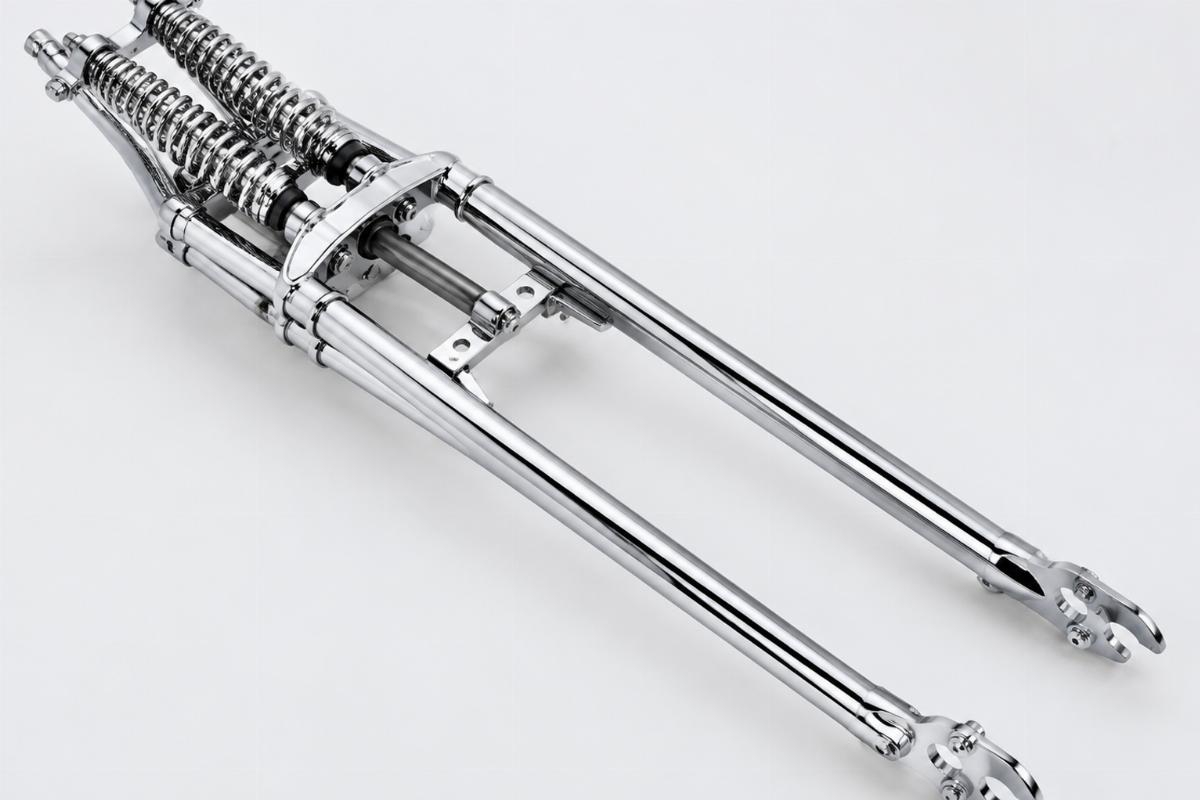 18 inch inline spring fork assembly for custom springer showing chrome finish