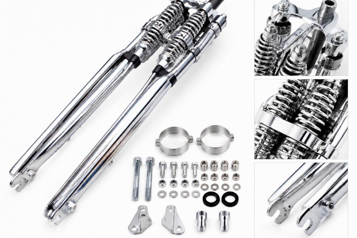 18" inline spring fork assembly chrome detail and included hardware