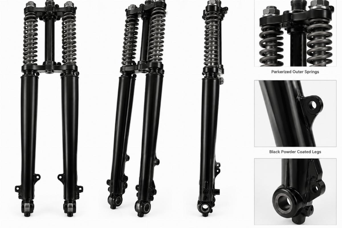 18" inline spring fork assembly showing black powder coated legs and parkerized outer springs