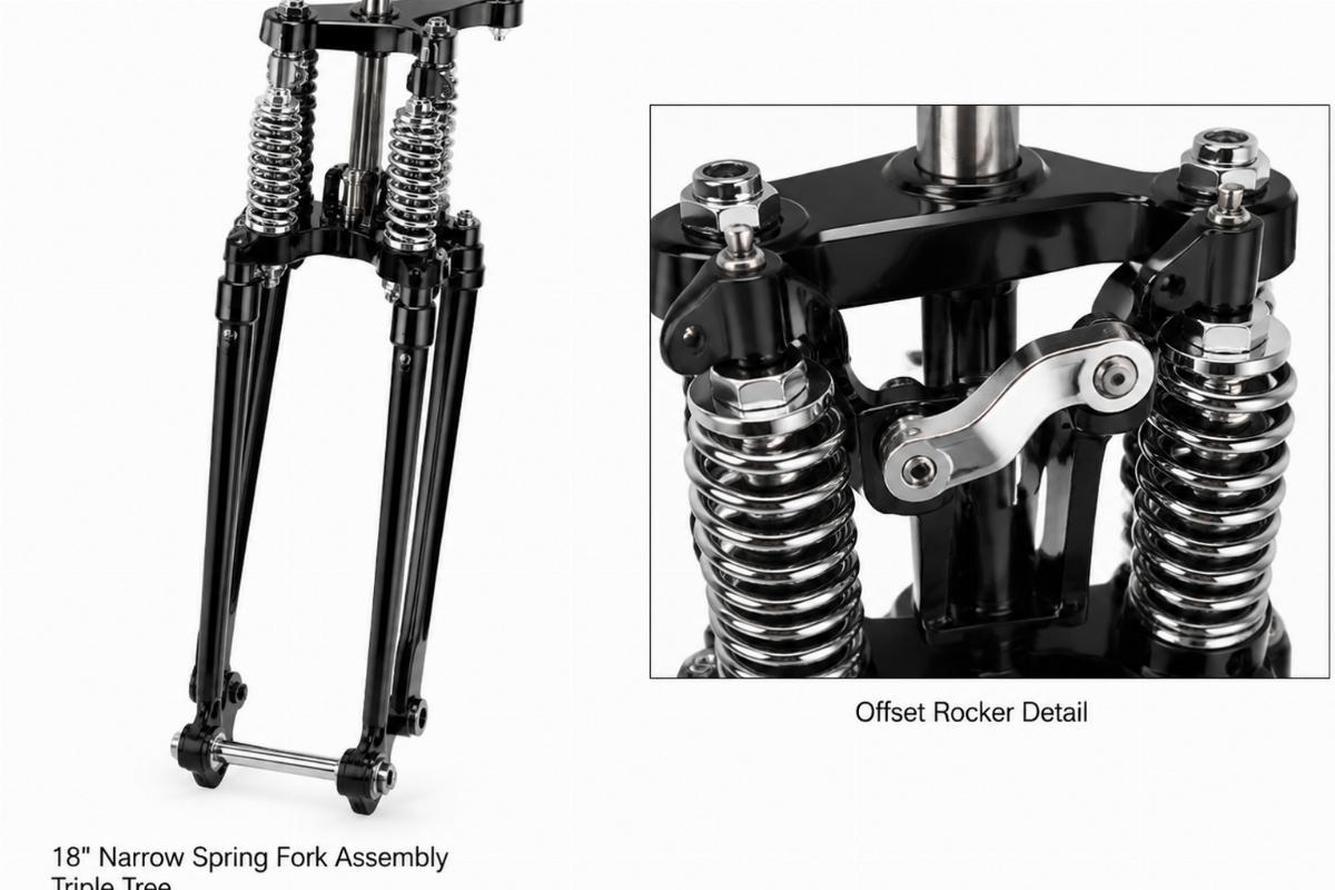 18" narrow spring fork assembly triple tree and offset rocker detail