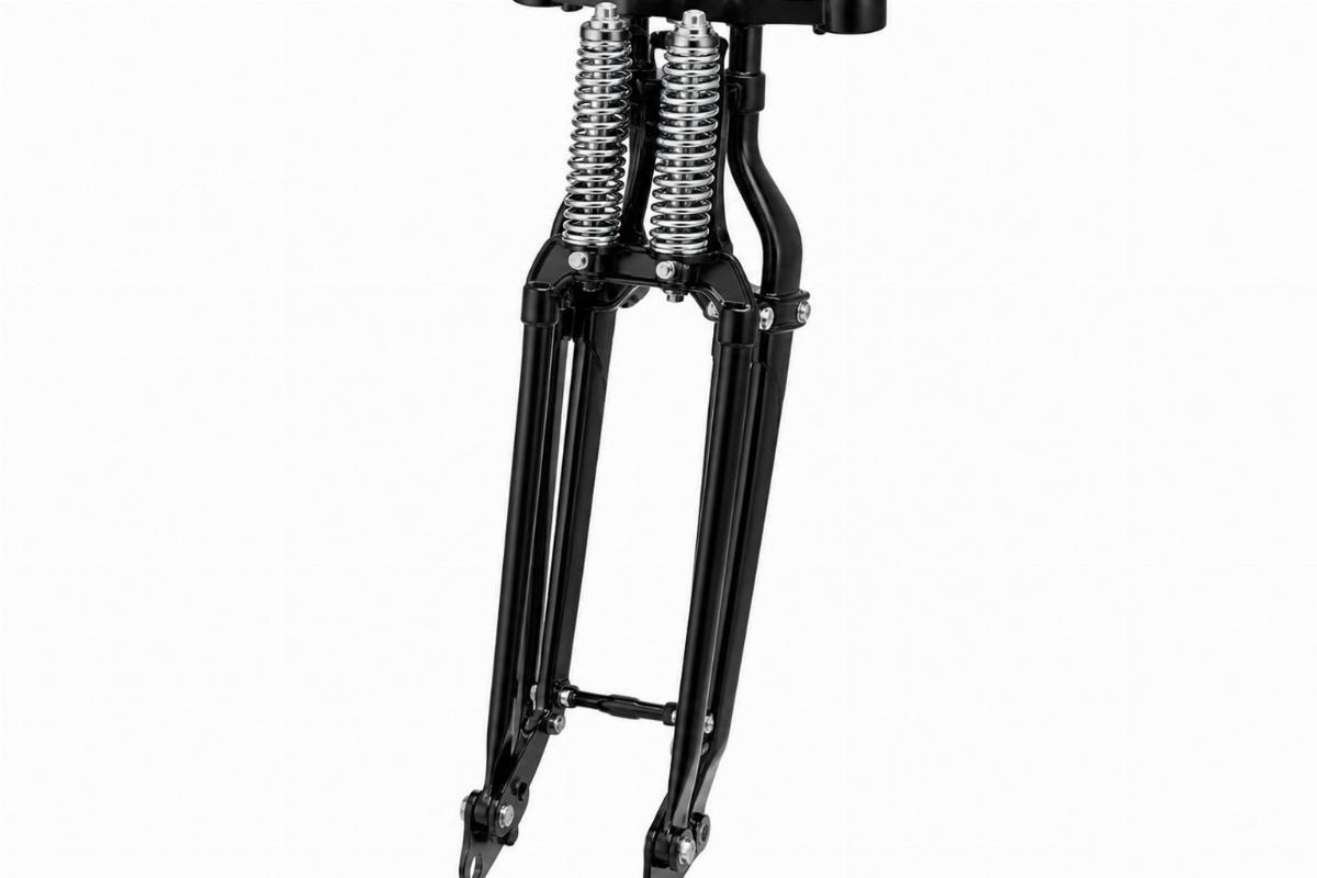 18" narrow springer fork assembly with black finish and chrome springs showing inline top triple tree