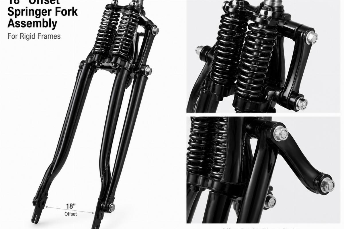 18" offset springer fork assembly for rigid frames showing black painted finish and offset outside mount rockers