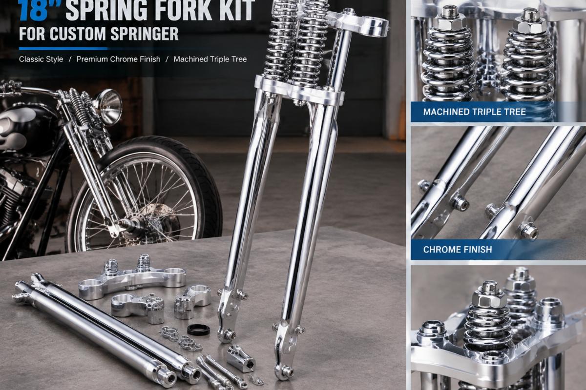 18" spring fork kit for custom springer showing chrome finish and machined triple tree