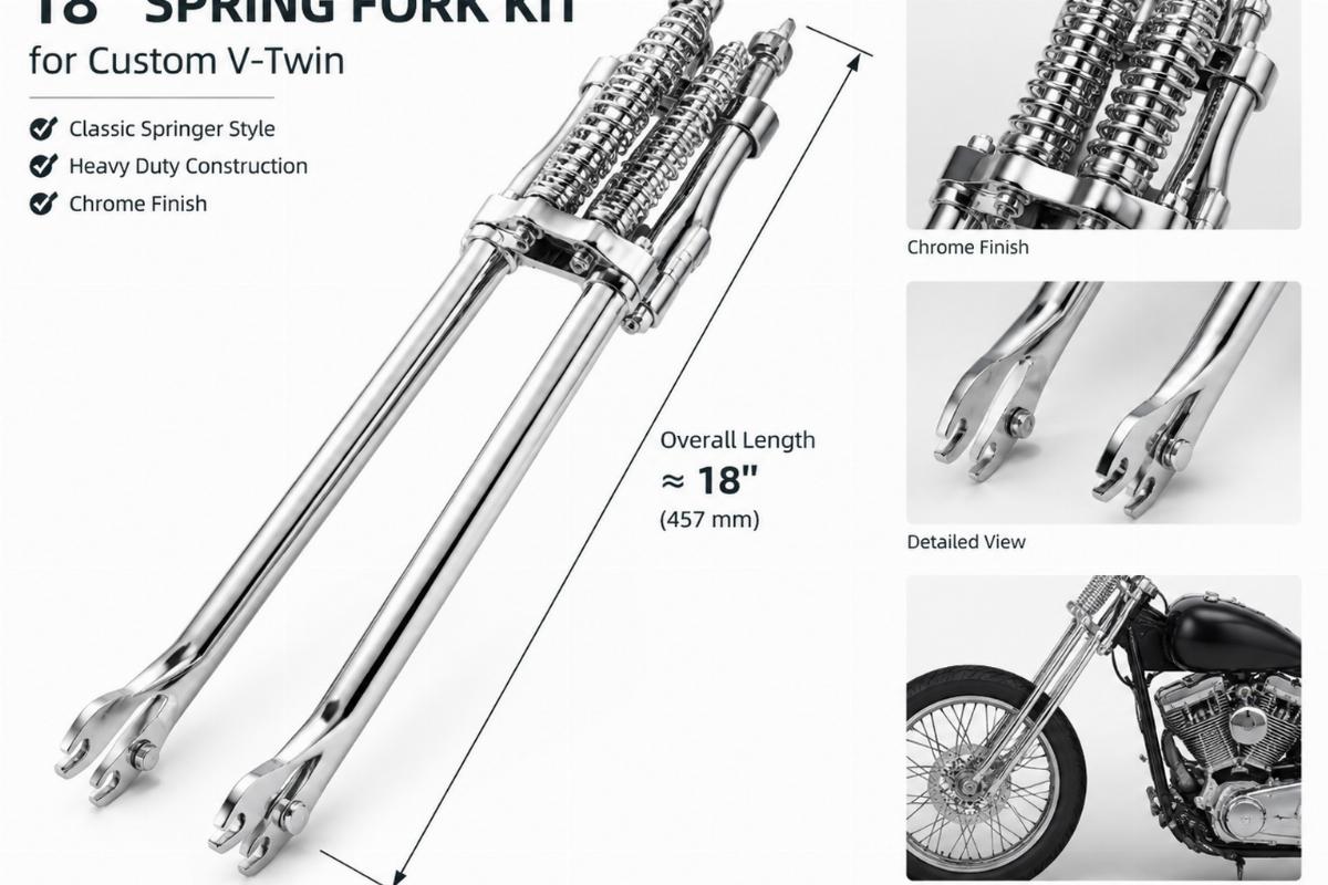 18" spring fork kit for custom v-twin showing overall length and chrome finish