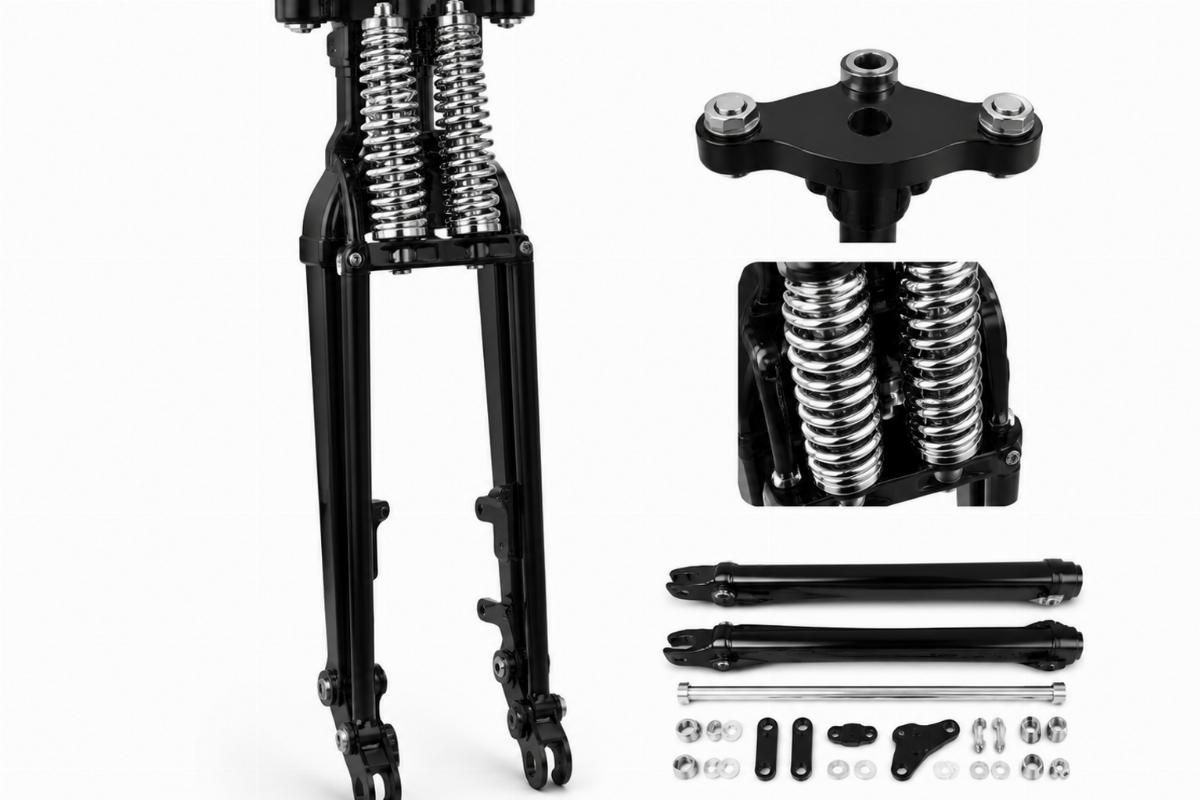 20" inline spring fork kit in black finish with chrome springs and top triple tree