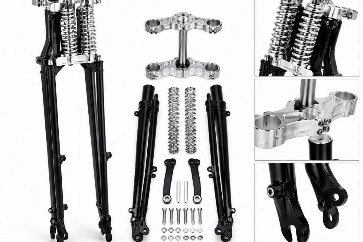 20" inline spring fork kit in black finish with chrome springs and machined triple tree