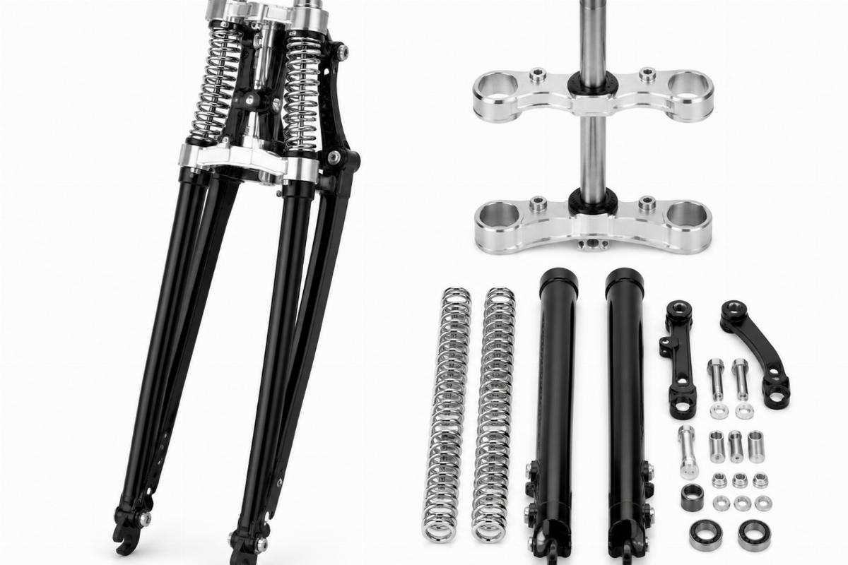 20" inline spring fork kit in black with chrome springs and machined triple tree