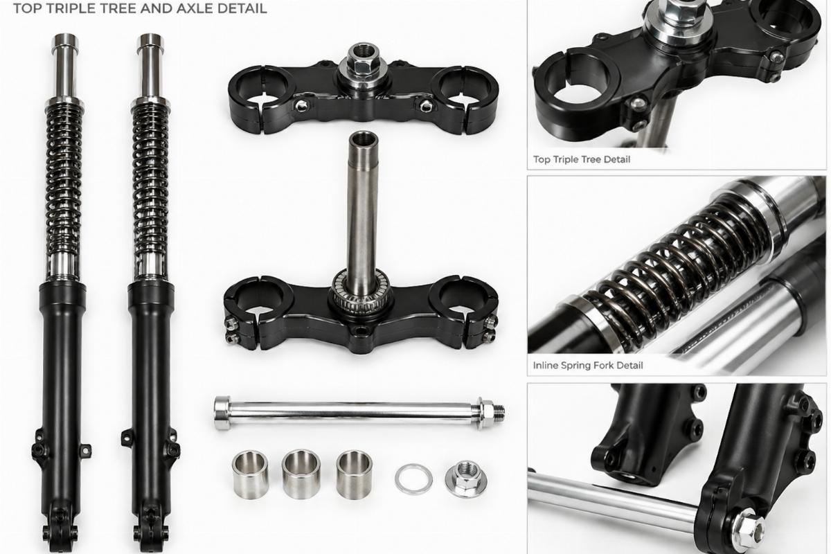 20" inline spring fork kit top triple tree and axle detail