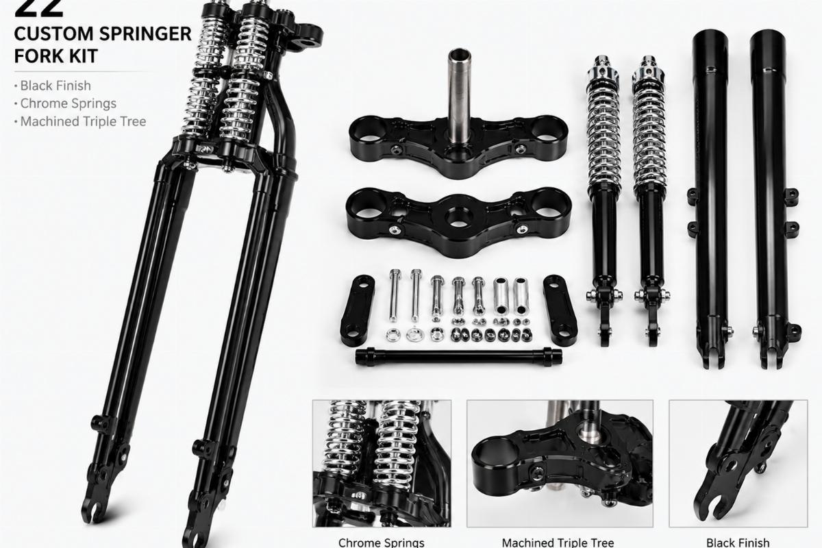 22" custom springer fork kit black finish with chrome springs and machined triple tree