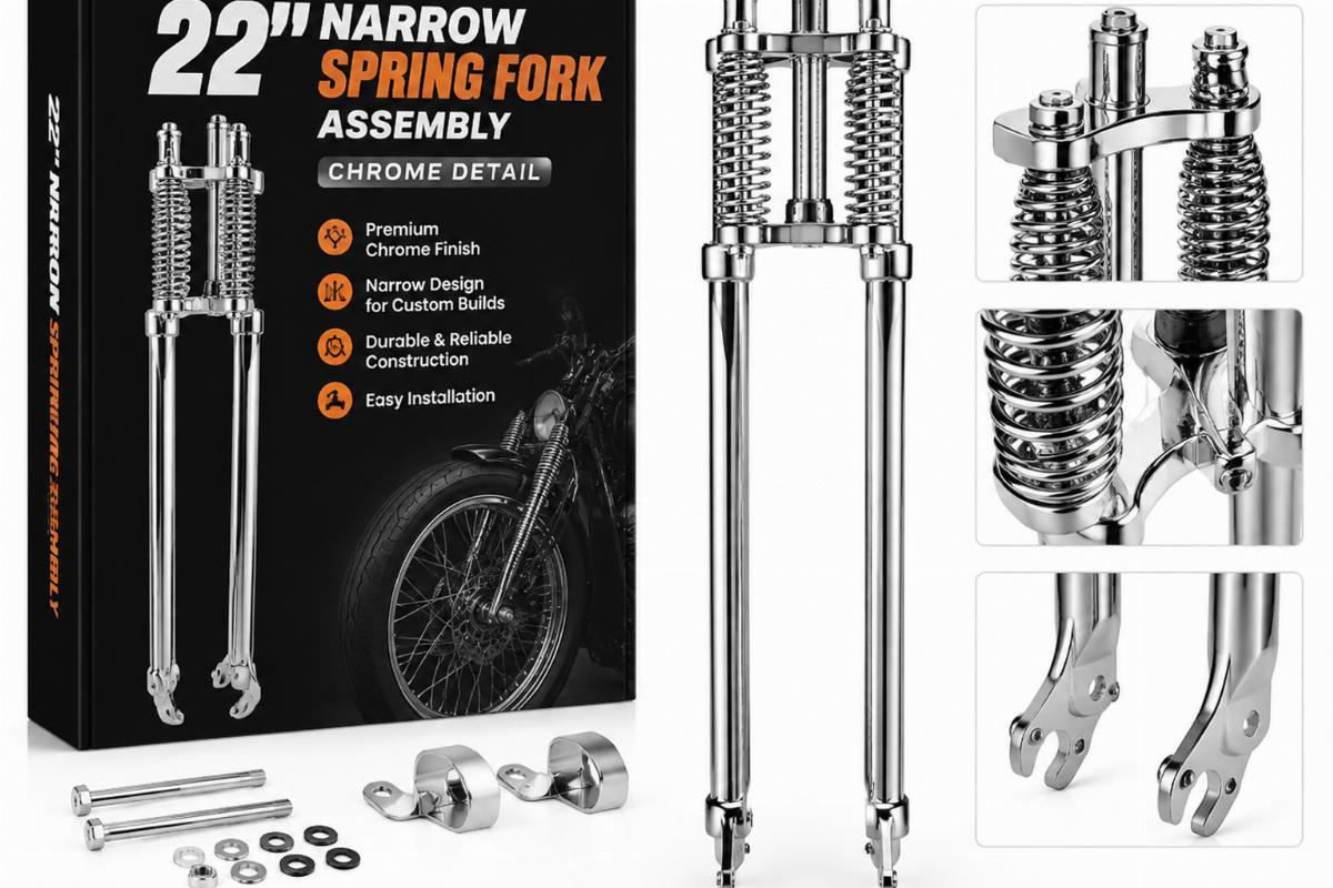 22" narrow spring fork assembly chrome detail packaging