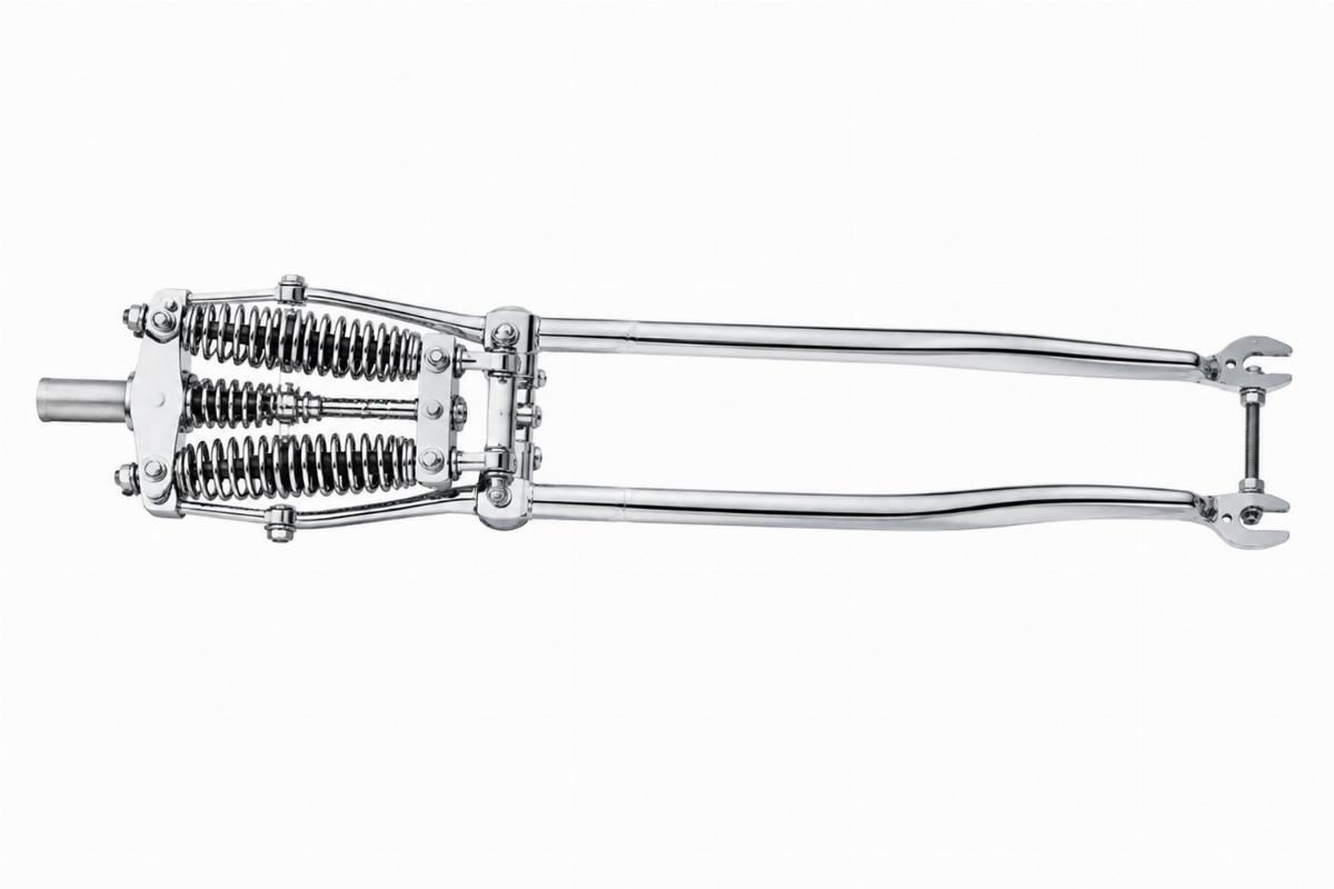 22" narrow spring fork assembly chrome finish side view
