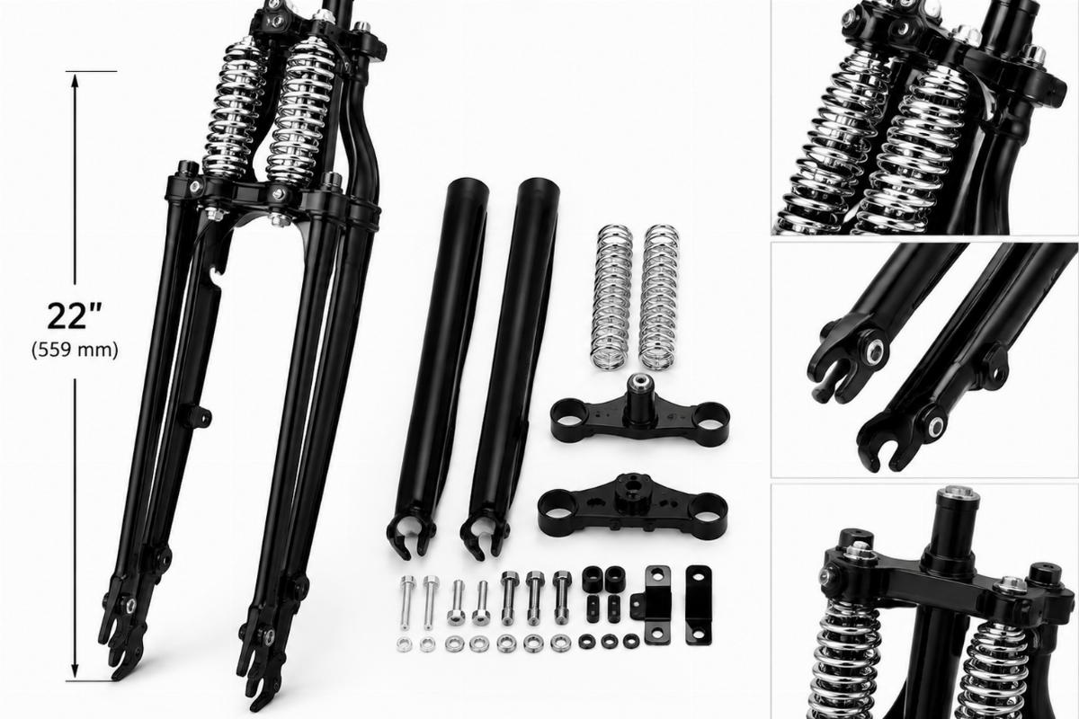 22" springer fork kit for custom motorcycle showing black finish and chrome springs