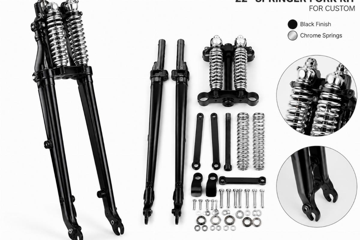 22" springer fork kit for custom showing black finish and chrome springs