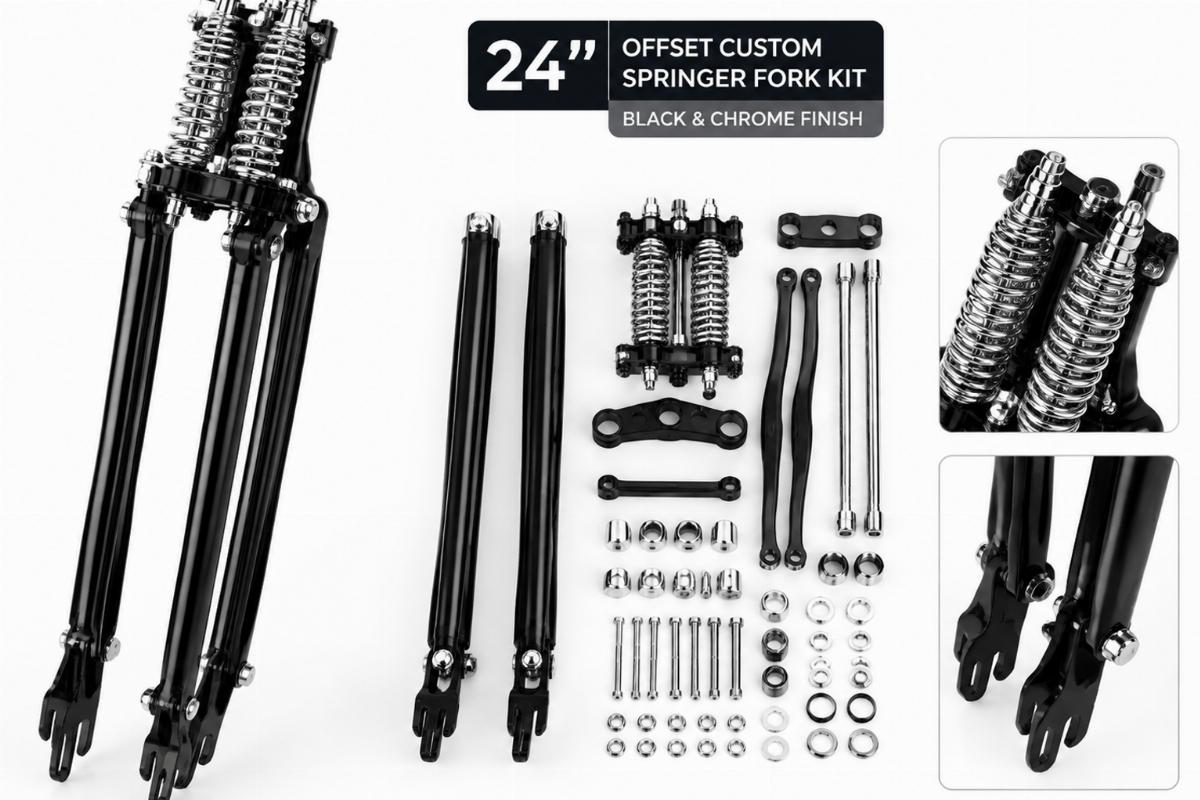 24 inch offset custom springer fork kit black and chrome finish