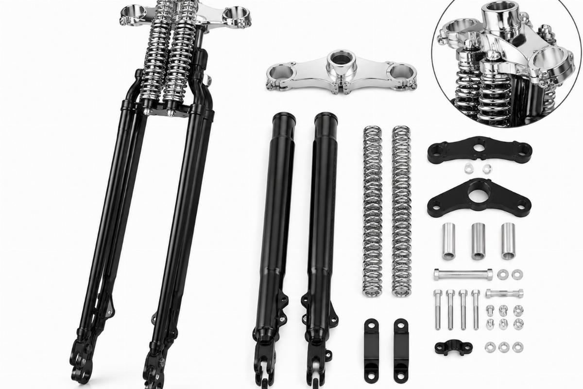 24" offset springer fork kit with black finish and chrome top triple tree