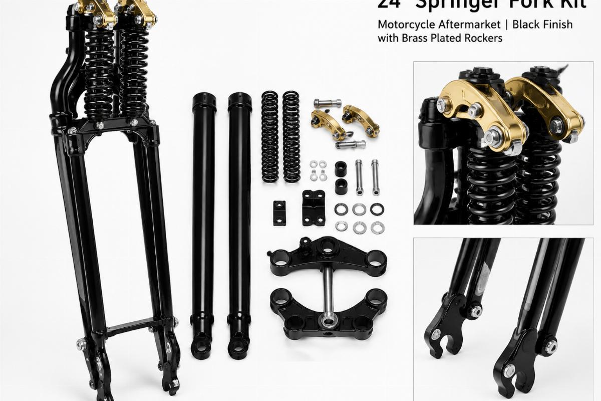 24" springer fork kit motorcycle aftermarket black finish with brass plated rockers