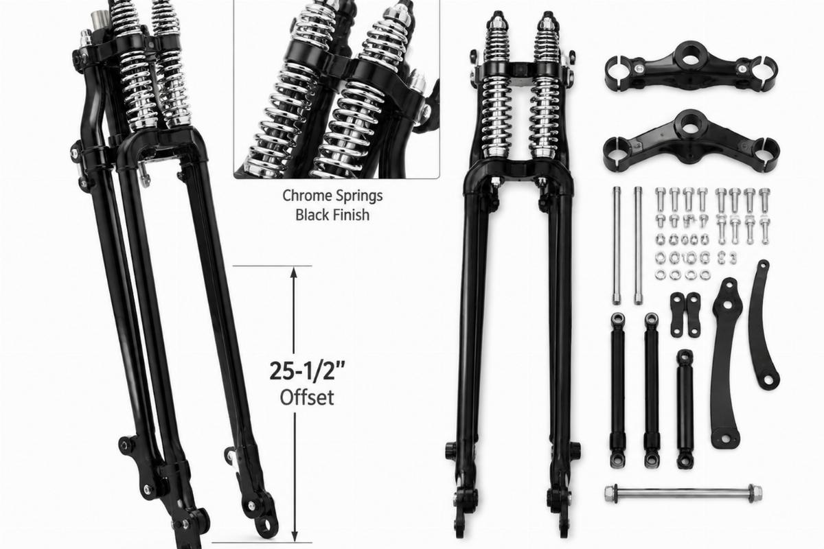 25-1/2" offset custom springer fork kit in black finish with chrome springs