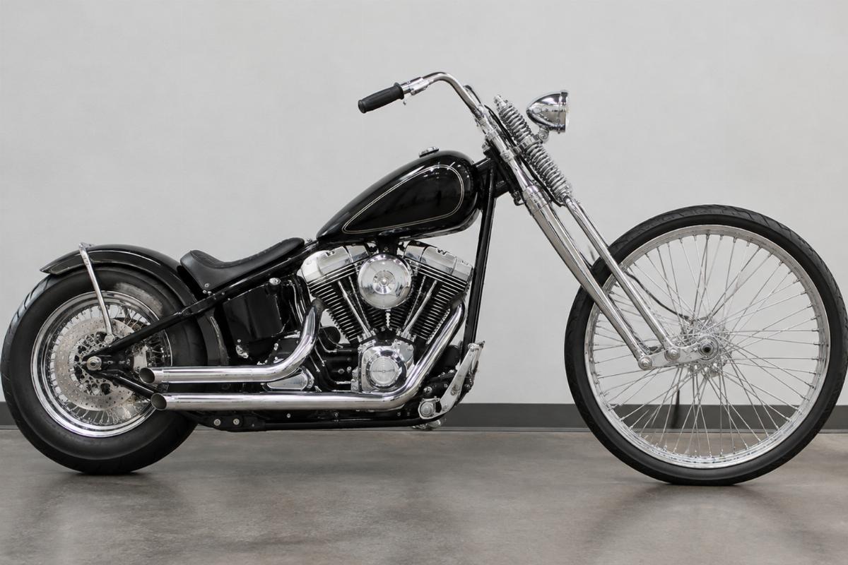 26 inch chrome custom springer front end for softail side profile view