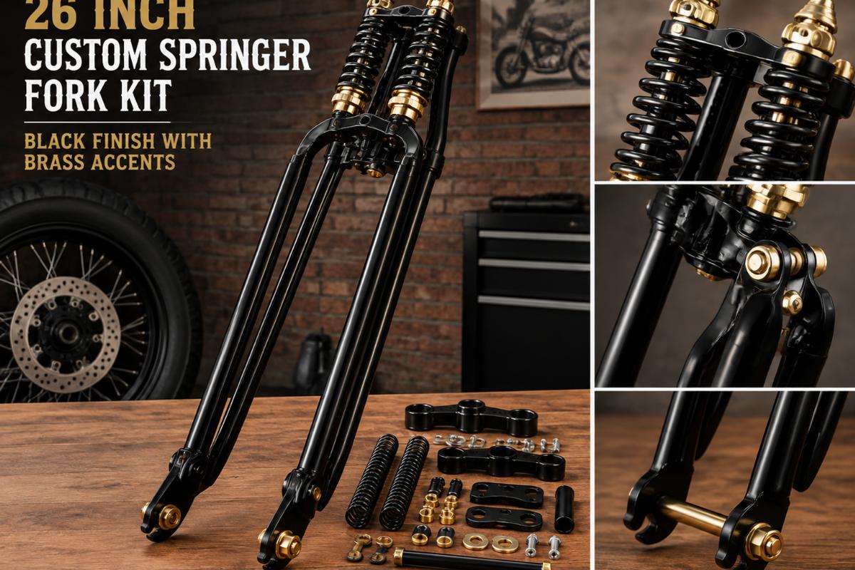 26 inch custom springer fork kit in black finish with brass accents