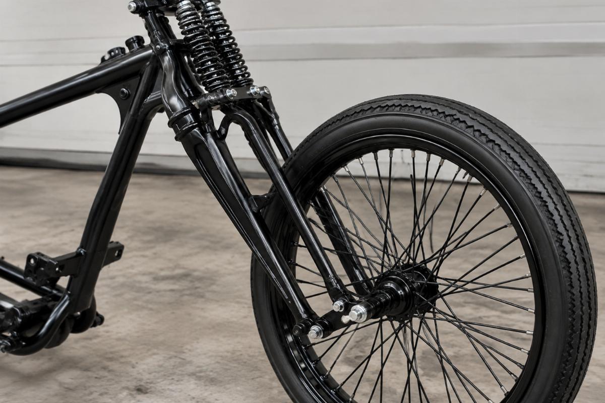 26" wide style springer front end in black powder coat showing forged rockers and inline top bracket