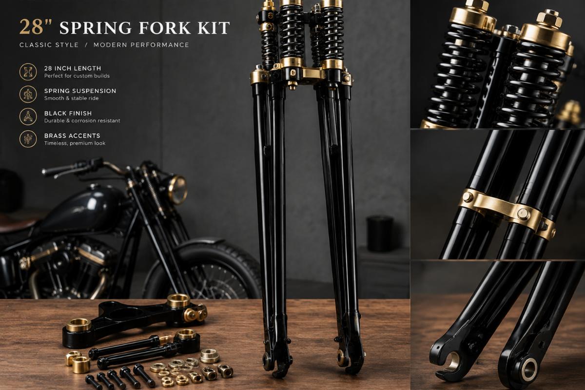 28 inch spring fork kit for custom motorcycles showing black finish and brass accents